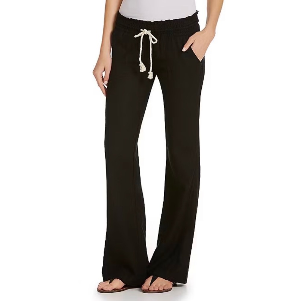 Roxy Womens Oceanside Black Linen Rope Waist Wide Leg Beach Pants Large